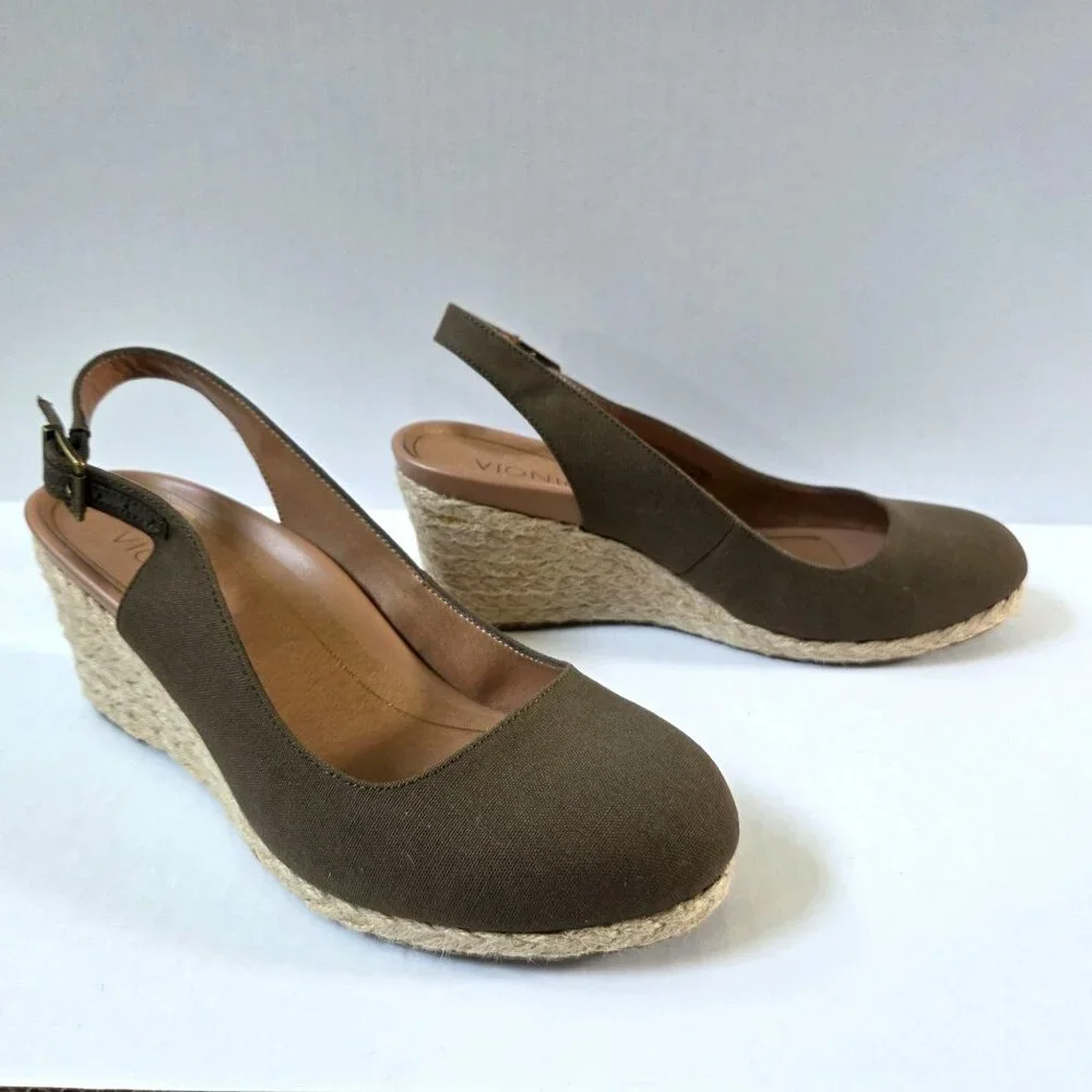 Vionic Coralina Espadrille Wedges Size 9.5 Olive Green Slingback Preppy Sandals